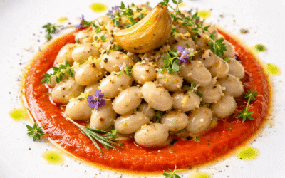 Fagioli Zolfini cremosi con pomodoro arrosto e aglio confit