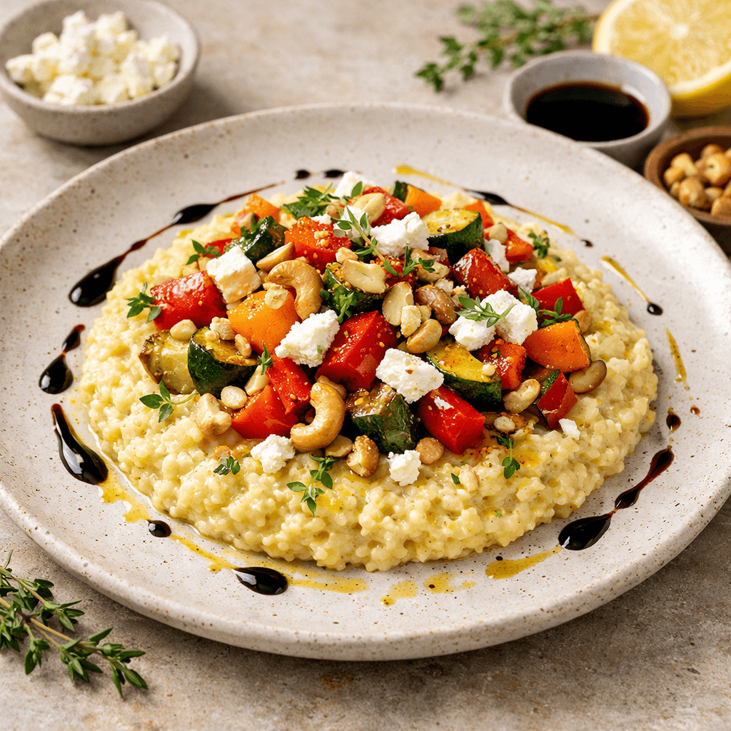 Miglio decorticato TRAGO cremoso con verdure arrosto, feta e frutta secca, piatto gourmet impiattato elegantemente