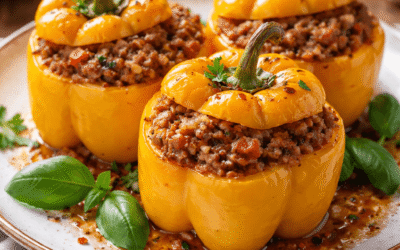 Peperoni gialli ripieni con carne al forno