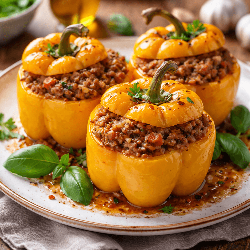 peperoni gialli ripieni con carne al forno impiattamento elegante