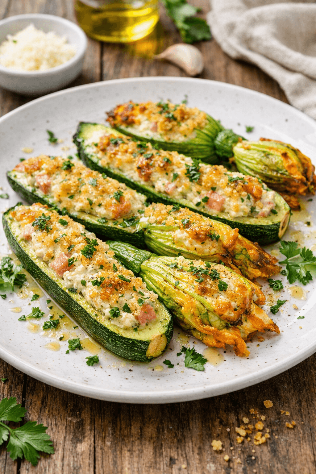 zucchine con fiore ripiene al forno impiattate elegantemente