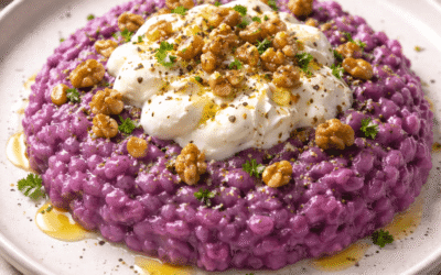 Risotto alle carote viola stracciatella e noci