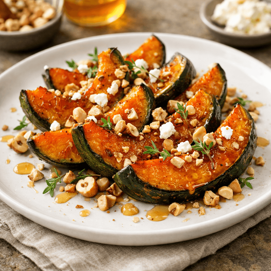 Zucca Delica arrosto con miele, timo e nocciole croccanti impiattata in stile gourmet