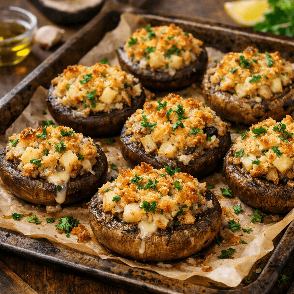 Funghi cardoncelli ripieni al forno, dorati e gratinati, serviti su teglia rustica con prezzemolo fresco.