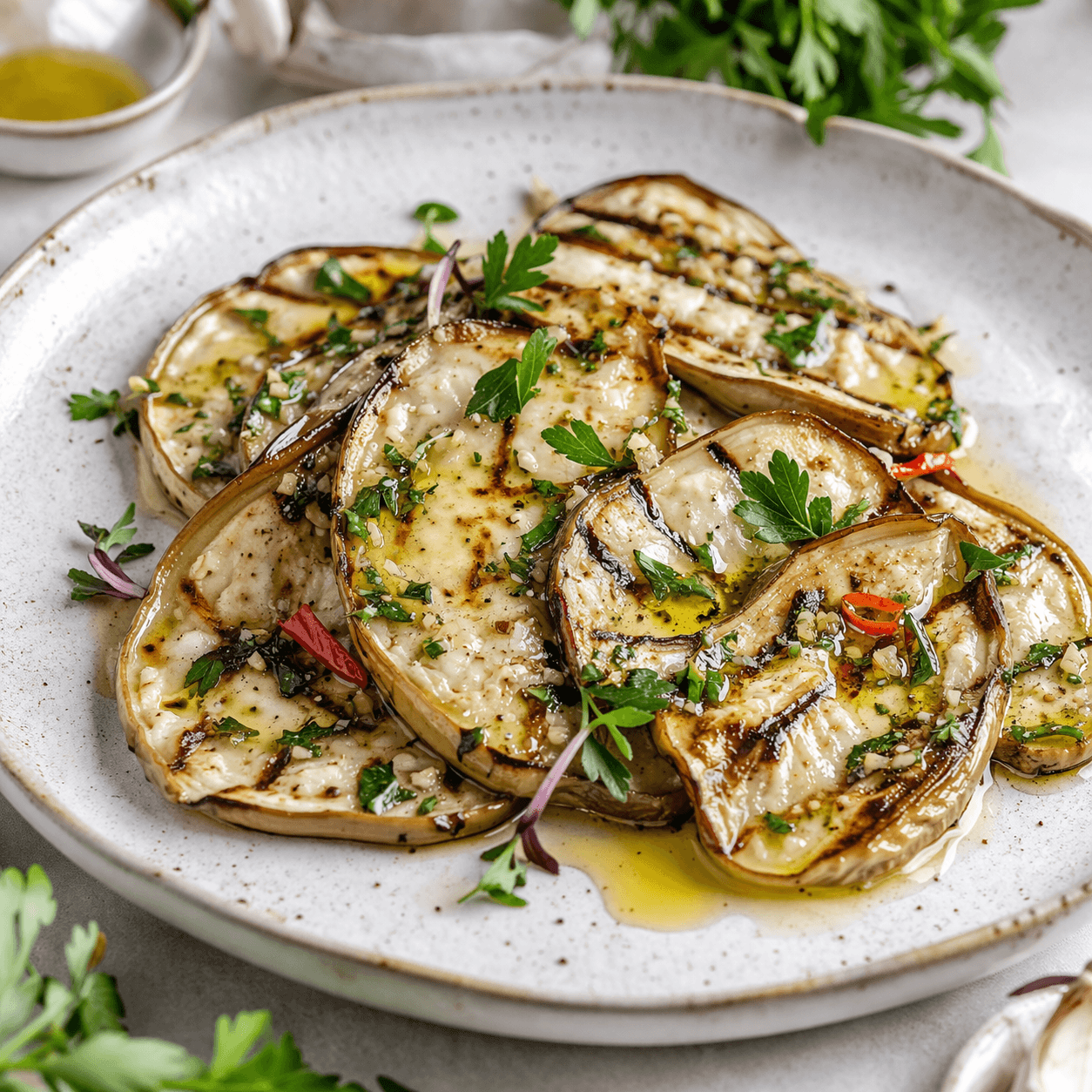 melanzane bianche grigliate marinate impiattamento gourmet