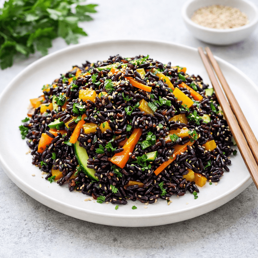 Piatto di riso nero TRAGO con verdure saltate, sesamo e prezzemolo fresco