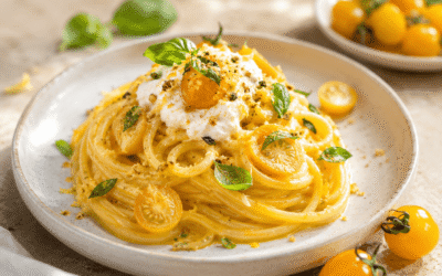 Spaghetti cremosi con pomodoro datterino giallo