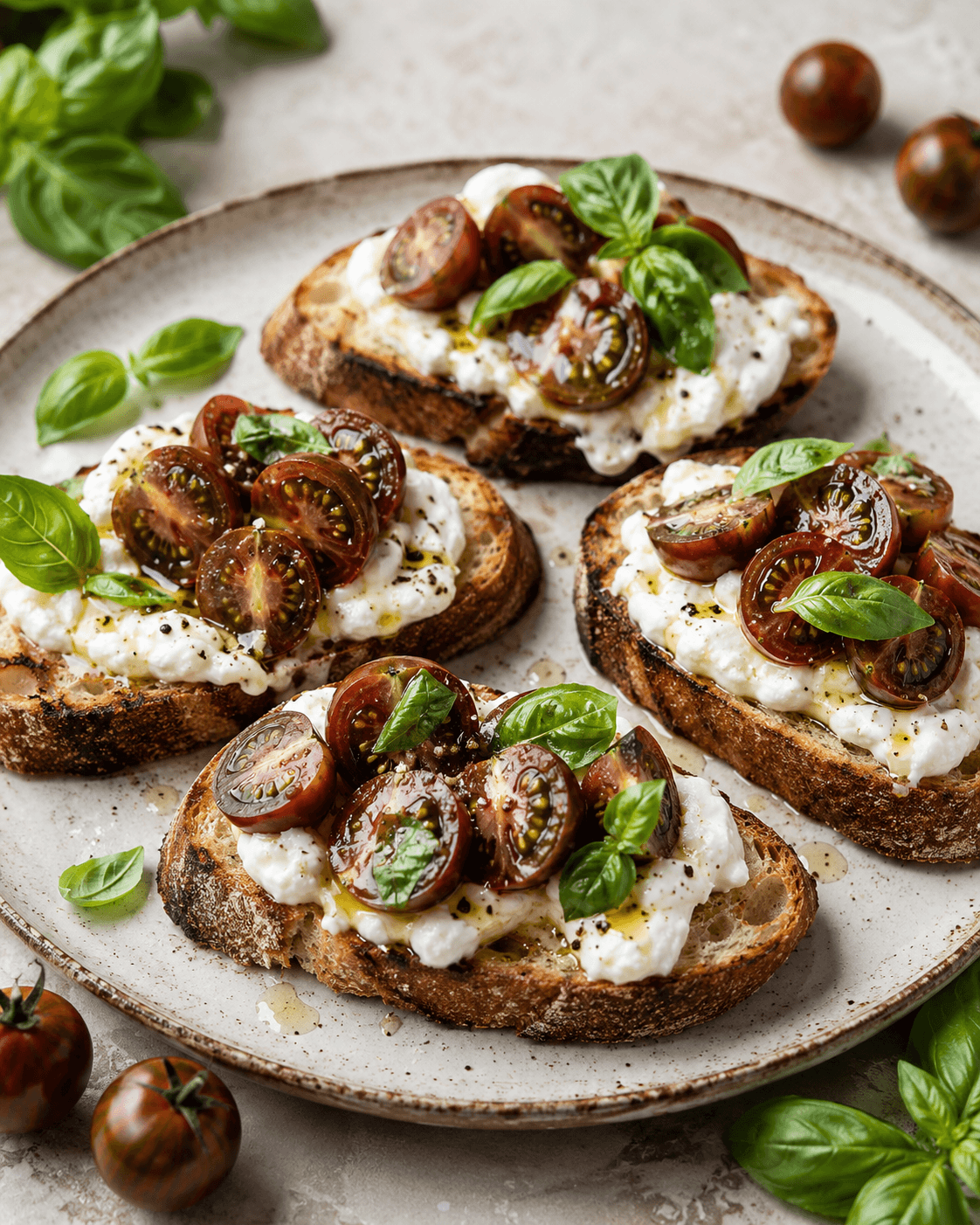 Bruschette con Pomodoro Ciliegino Nero Tigrato e stracciatella