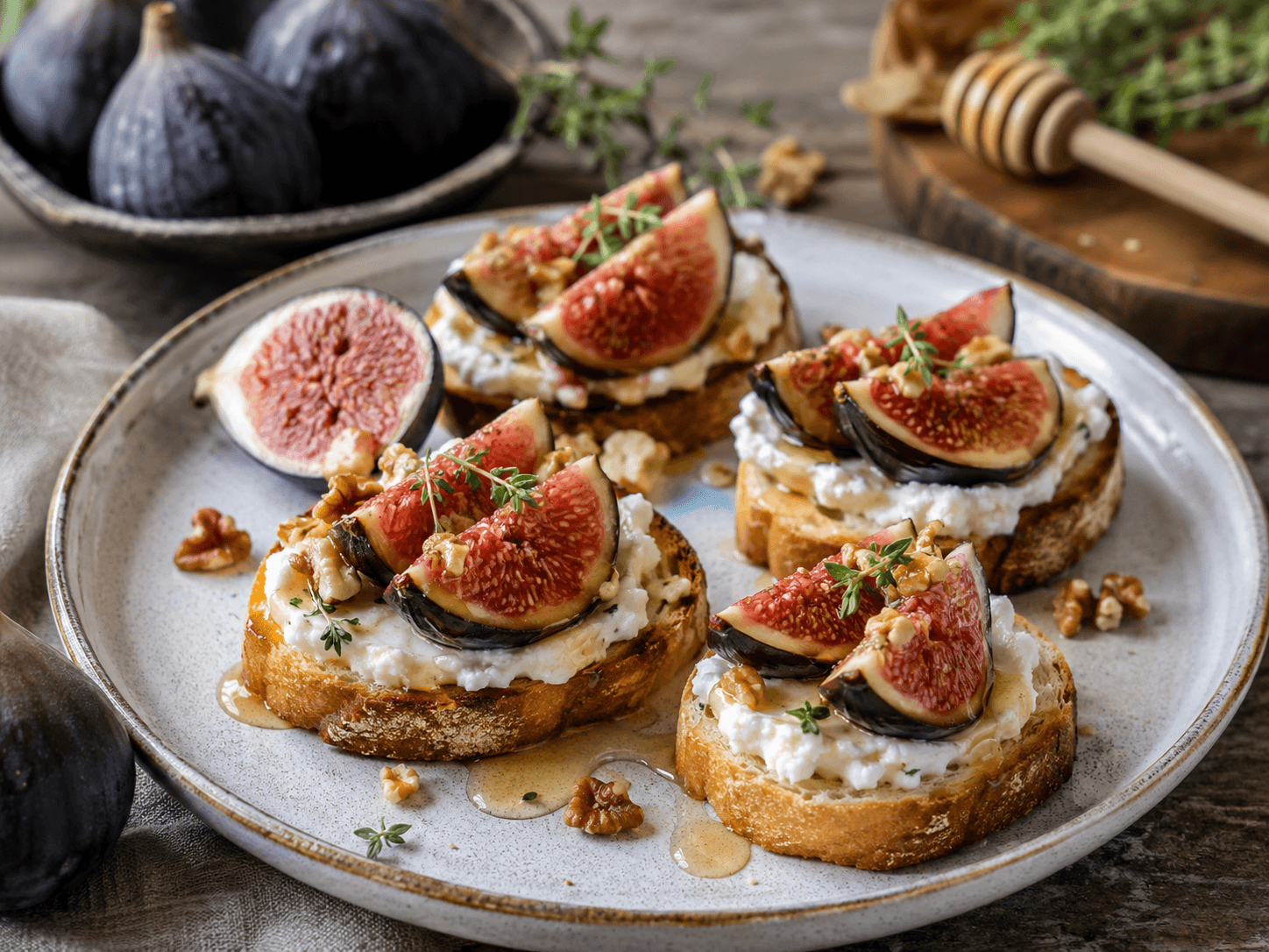 Crostini gourmet con fichi neri freschi, ricotta, miele e noci.