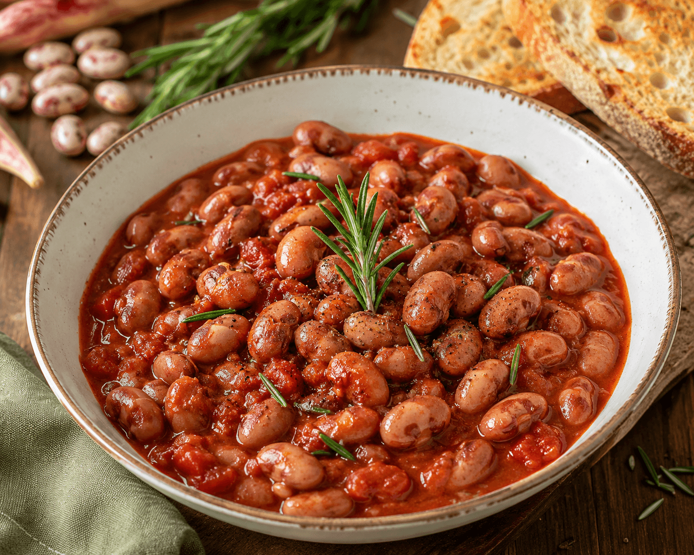 Fagioli borlotti freschi in umido con pomodoro, rosmarino e pane tostato serviti in una ciotola rustica.