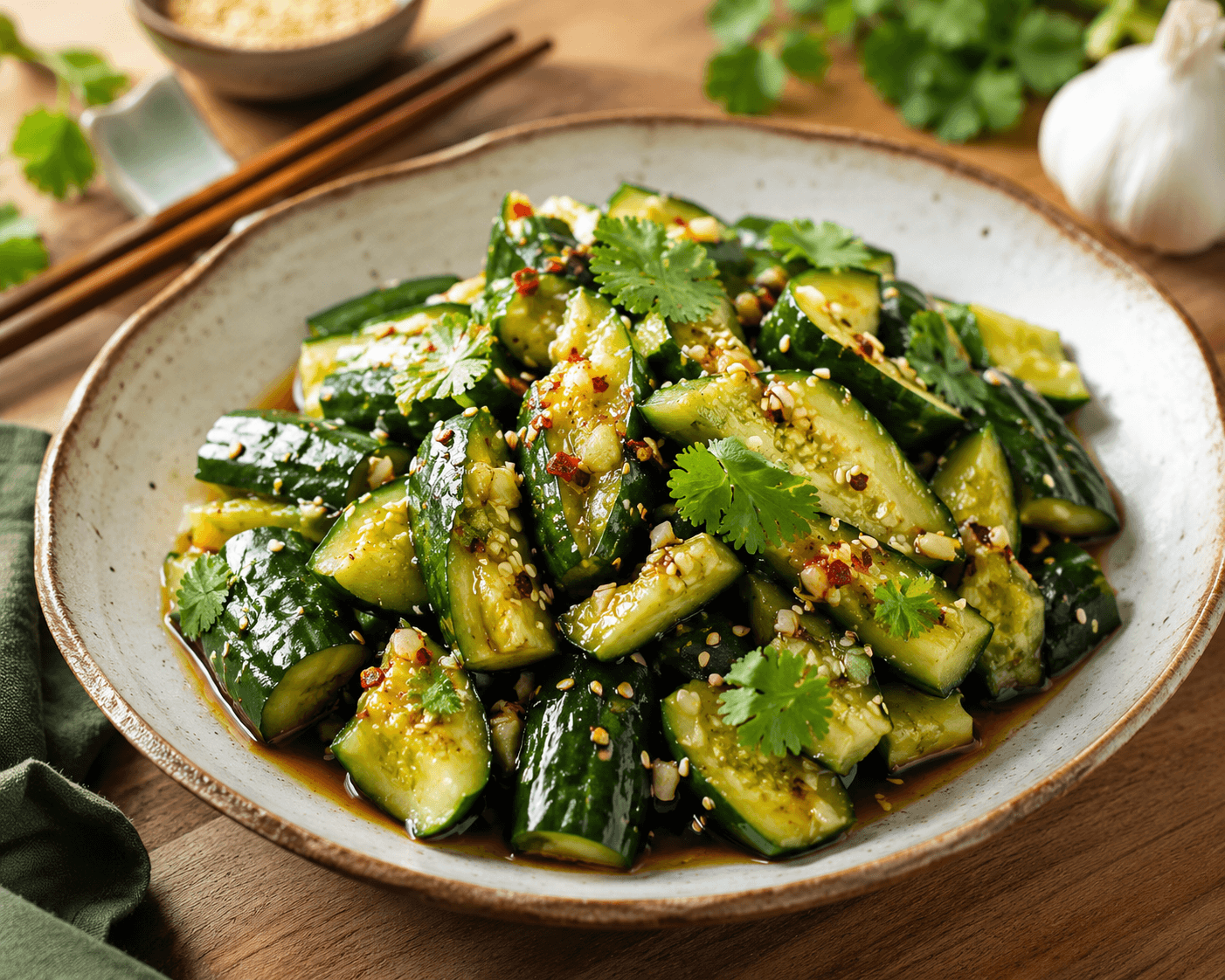 Insalata asiatica preparata con cetrioli lunghi BF Frutta, salsa di soia, sesamo e peperoncino.