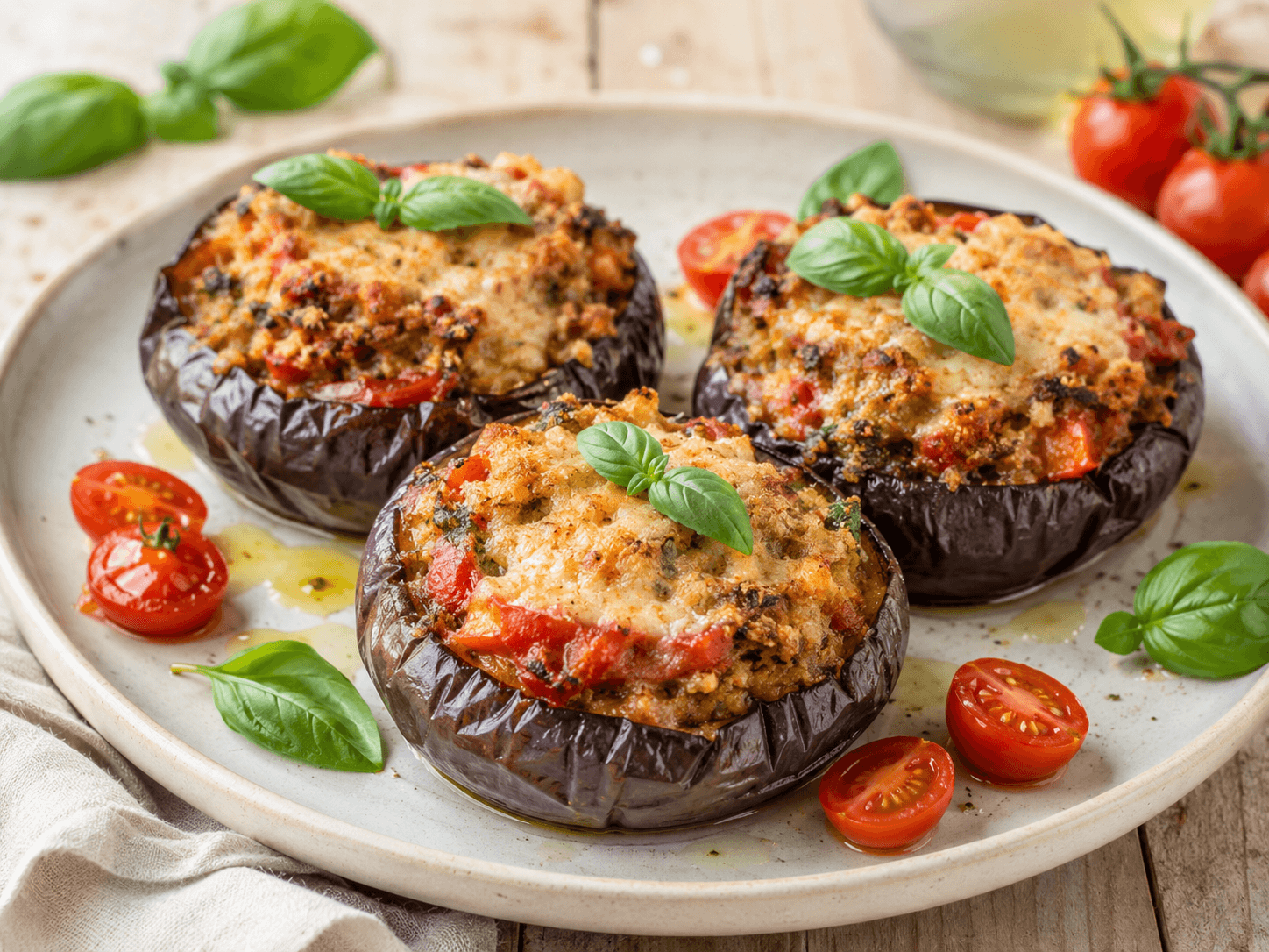 Melanzane tonde viola BF Frutta ripiene al forno con pomodorini, mozzarella e basilico fresco