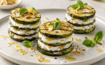 Millefoglie di zucchine tonde grigliate con ricotta al limone e mandorle