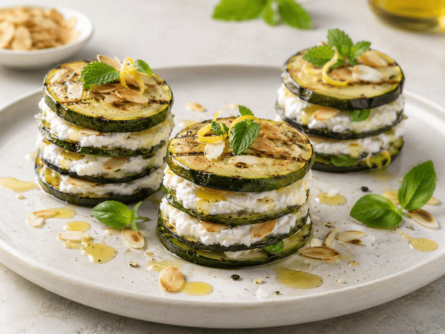 Millefoglie di zucchine tonde grigliate con ricotta al limone e mandorle BF Frutta
