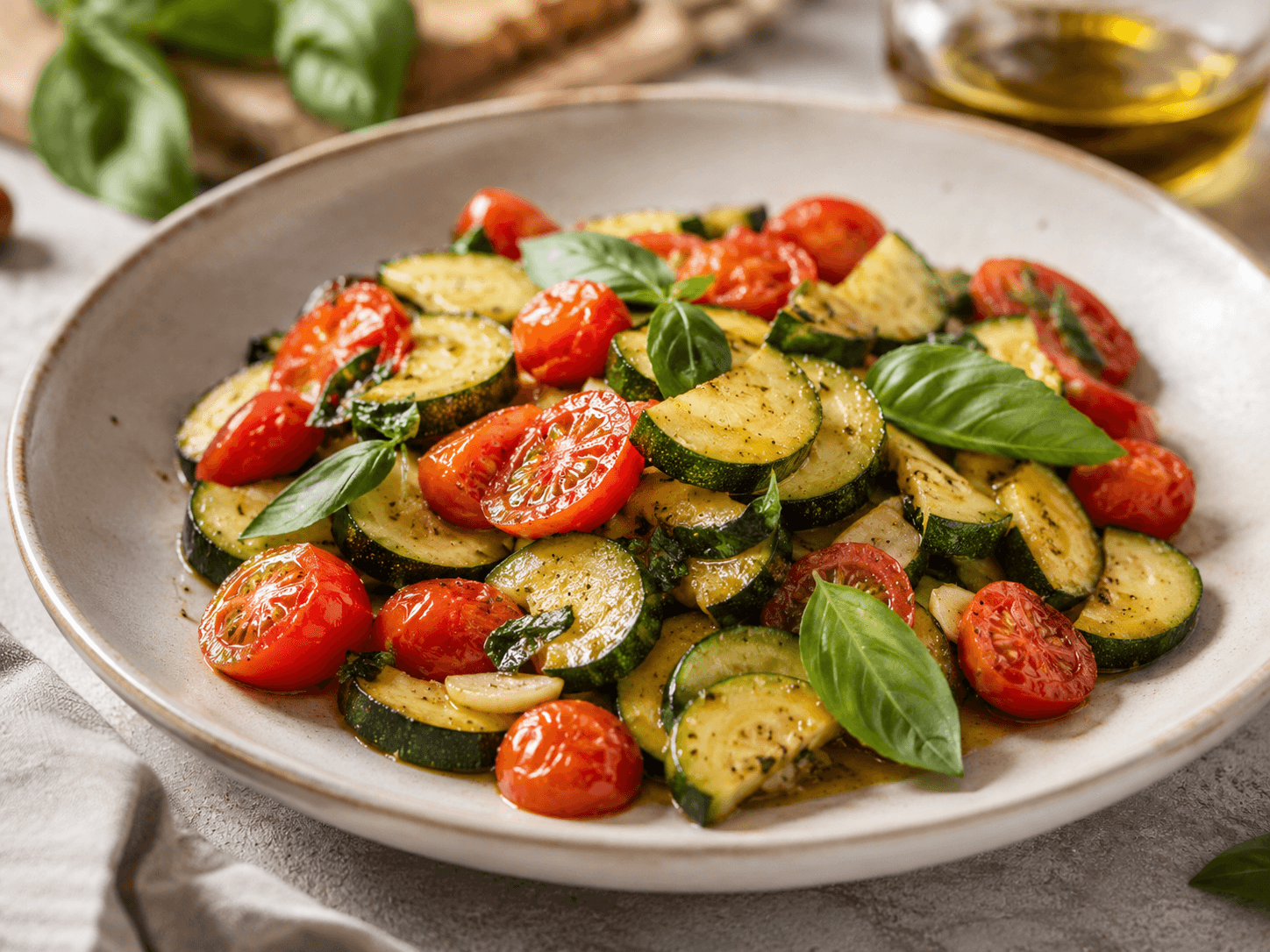 Zucchine verdi in padella con pomodorini freschi e basilico