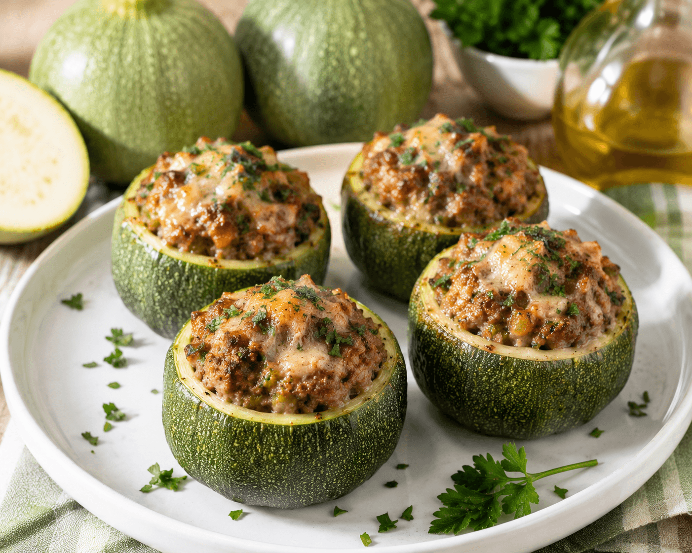 Barattieri ripieni di carne macinata gratinati al forno e serviti su un piatto con erbe aromatiche fresche.