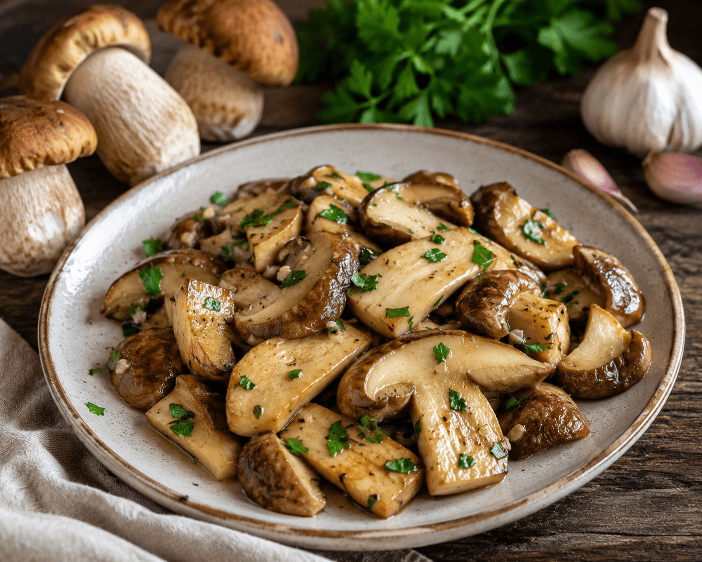 Funghi porcini trifolati con aglio e prezzemolo preparati con funghi porcini freschi distribuiti da BF Frutta.